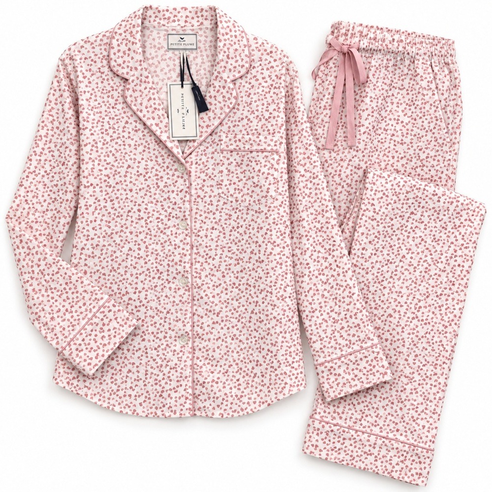 NWT Petite Plume Sweethearts Cotton Pajama Set Womens M Pink White Twill